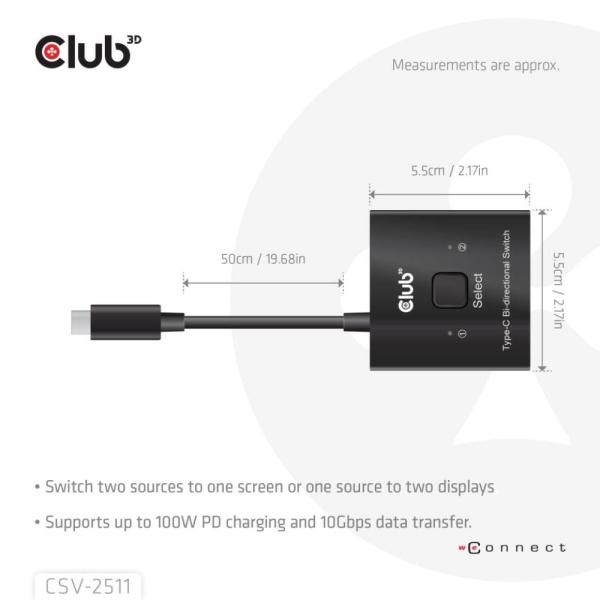 Club3D Switch, USB-C na 2xUSB-C Oboustranný 2v1, 8K60Hz, 4K120Hz, PD 100W1