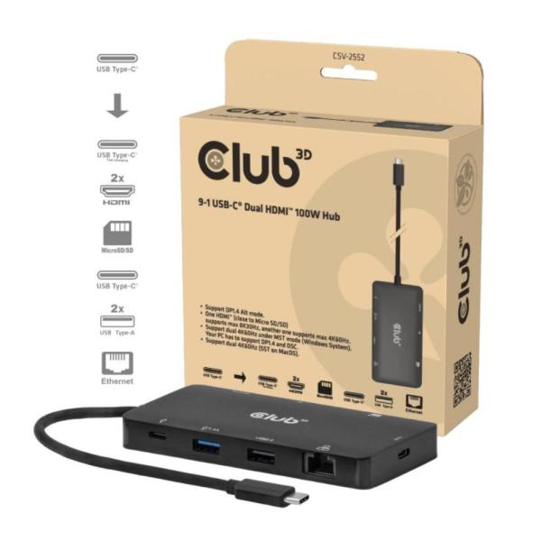 Club3D Dokovací stanice USB-C 9v1, 2xHDMI, 1xUSB-C, 1xUSB-C PD, 2xUSB, 1xRJ45, microSD SD, černá