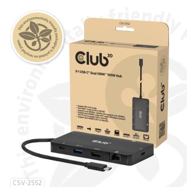 Club3D Dokovací stanice USB-C 9v1, 2xHDMI, 1xUSB-C, 1xUSB-C PD, 2xUSB, 1xRJ45, microSD SD, černá6