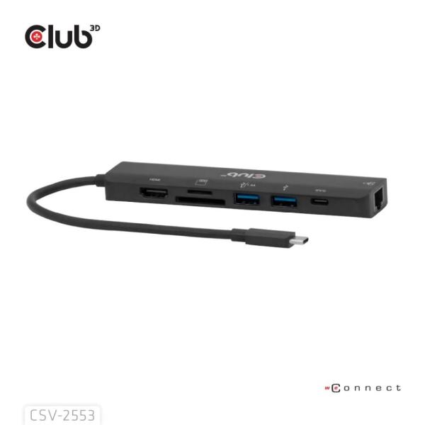 Club3D Dokovací stanice USB-C 7v1, 1xHDMI, 1xUSB-C PD, 2xUSB, 1xRJ45, microSD SD, černá3