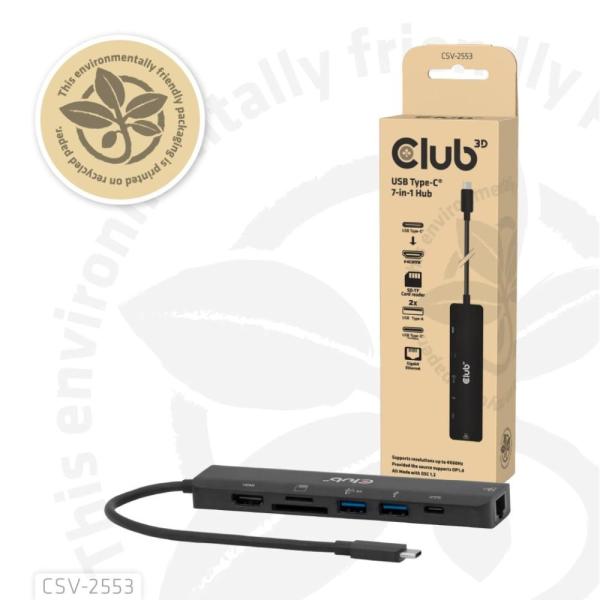 Club3D Dokovací stanice USB-C 7v1, 1xHDMI, 1xUSB-C PD, 2xUSB, 1xRJ45, microSD SD, černá4