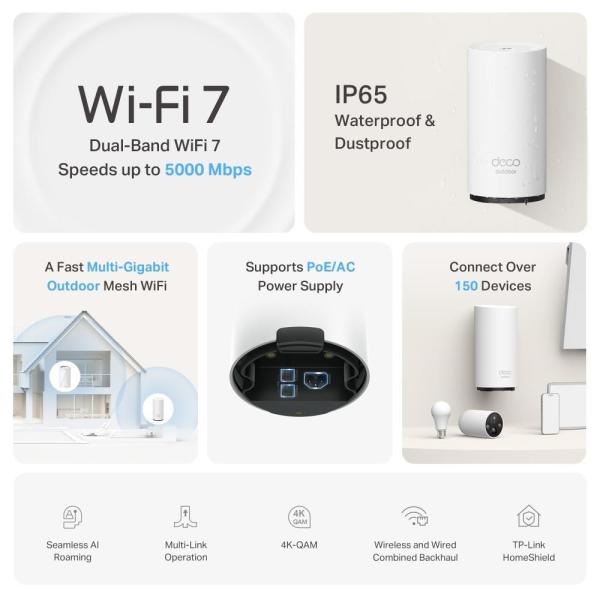 TP-Link Deco BE25-Outdoor(1-pack) venkovní WiFi7 Mesh (BE3600,2,4GHz/5GHz,2x2,5GbELAN/WAN,2xPoE)3