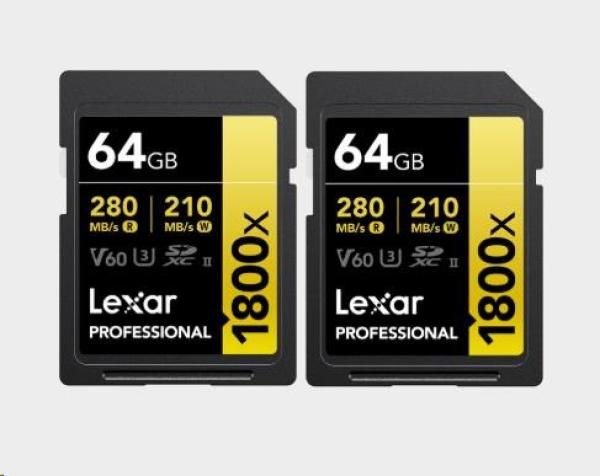 Lexar SDXC Pro 1800x U3 UHS-II R280 W210 (V60) 64GB - 2pack