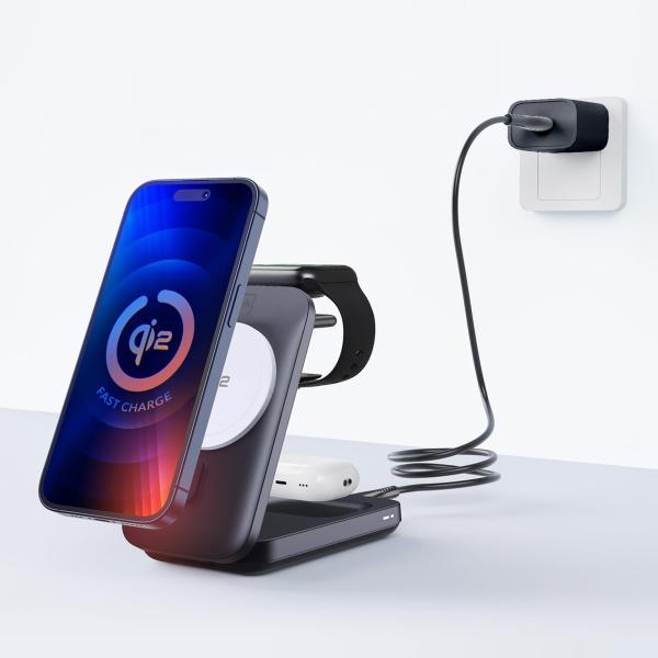 3mk bezdrátová nabíječka - MagRocket 3-in-1,  technologie Qi2,  15W,  černá1