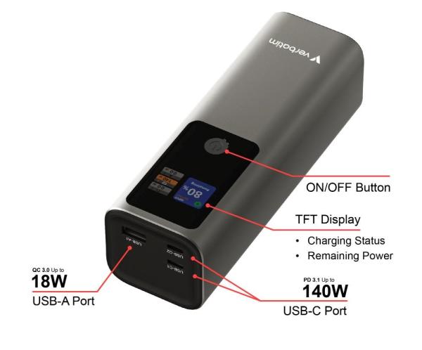 VERBATIM Powerbanka Charge "n" Go,  27000 mAh,  2x USB-C 140W,  1x USB-A 18W,  Šedá1