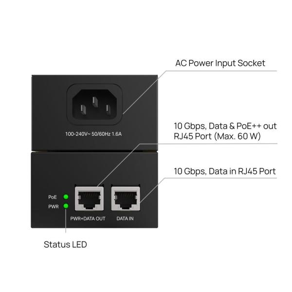 TP-Link POE370S PoE++ injektor (2x10GbE,  802.3af/ at/ bt,  60W)1