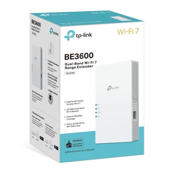 TP-Link RE220BE EasyMesh WiFi7 Extender/ Repeater (BE3600, 2, 4GHz/ 5GHz, 1xGbE)5
