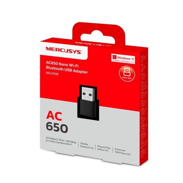 MERCUSYS MA20NB WiFi5 USB nano adapter (AC650, 2, 4GHz/ 5GHz, Bluetooth5.0, USB2.0)3