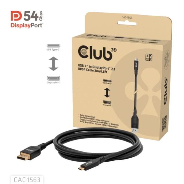 Club3D Kabel USB-C na DisplayPort 2.1 DP54 Bi-Directional,  8K120Hz,  4K480Hz,  2m