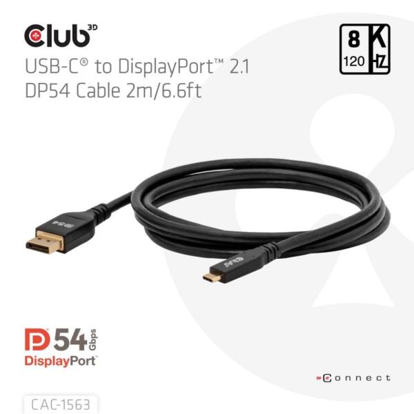 Club3D Kabel USB-C na DisplayPort 2.1 DP54 Bi-Directional,  8K120Hz,  4K480Hz,  2m1