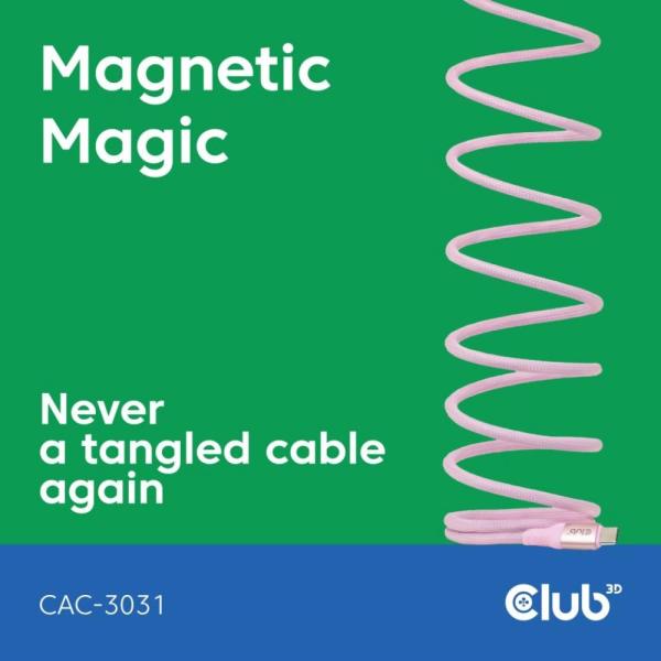 Club3D Kabel magnetický USB-C,  240W PD3.1,  480 Mbps,  2m,  růžová2