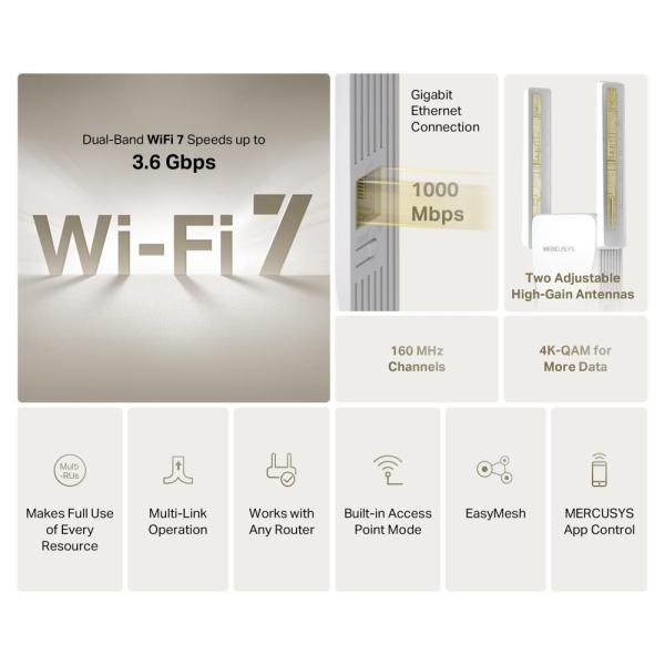 MERCUSYS ME25BE WiFi7 Extender/ Repeater (BE3600, 2, 4GHz/ 5GHz, 1xGbELAN)2