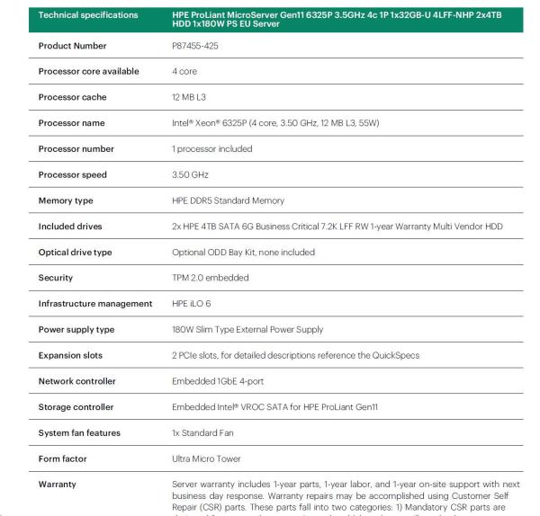 HPE PL MicroServer Gen11 6325P (3.5-5.2G/ 4C8T) 1x32G 2x4TB SATA 4LFF/ SFF-NHP 4p1G iLoPort (P65741) NBD111 Smart Choice4