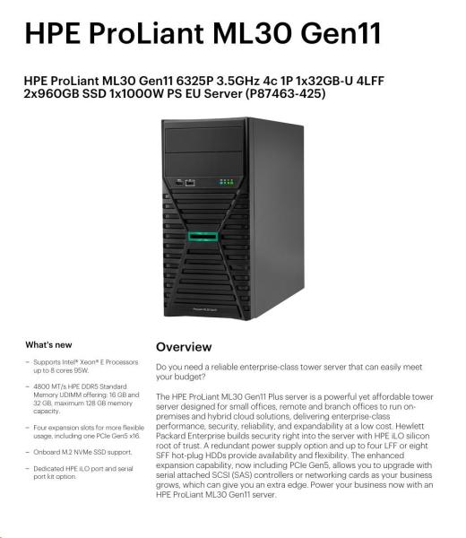 HPE PL ML30g11 6325P (3.5G/ 4C8T) 1x32G 2x960G SSD SATA 4LFF-HP VROC 1x1000W 4p1G NBD311 Smart Choice2
