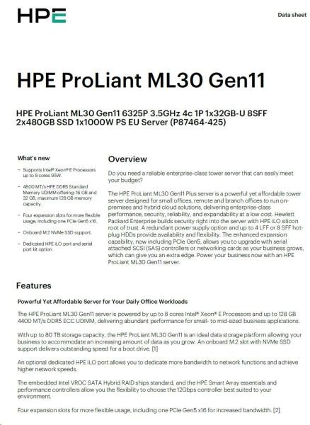 HPE PL ML30g11 6325P (3.5G/ 4C8T) 1x32G 2x480G SSD 8SFF VROC 1x1000W 4p1G NBD311 Smart Choice7