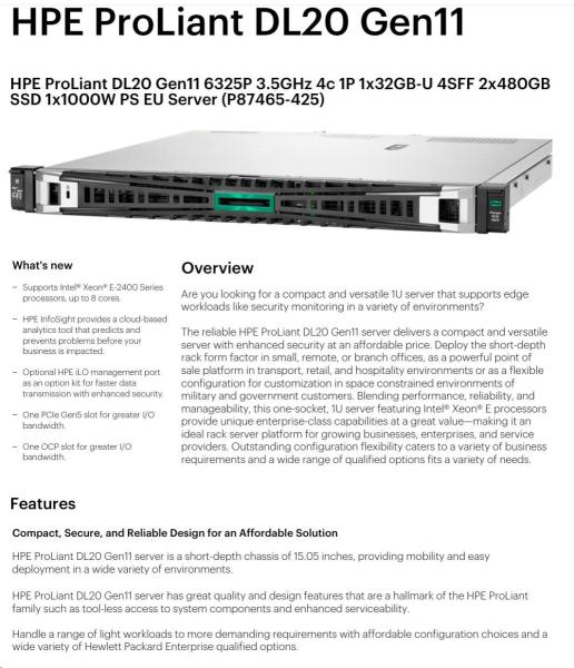 HPE PL DL20g11 6325P (3.5G/ 4C8T) 1x32G (P64339) 2x480G SSD VROC 4SFF-HP 4p1Gb 1x1000W Smart Choice5