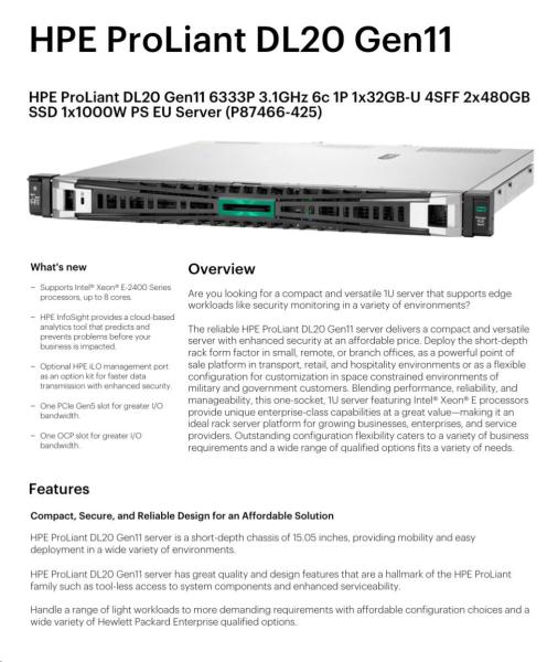 HPE PL DL20g11 6333P (3.1G/ 6C12T) 1x32G (P64339) 2x480GB VROC 4SFF 1x1000W 4x1G NBD333 Smart Choice7