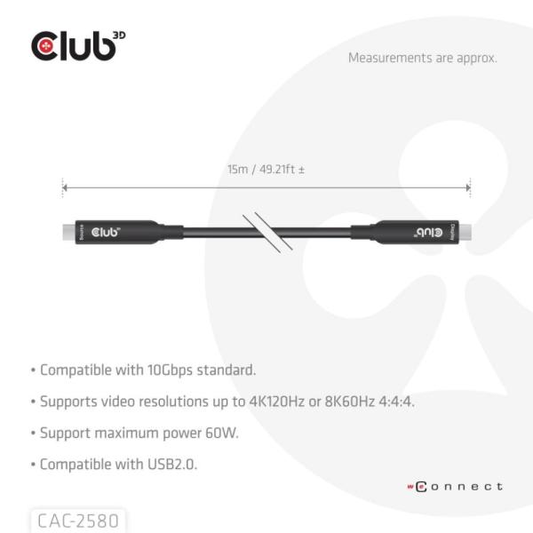 Club3D Kabel USB-C,  10 Gbps,  4K120Hz,  8K60Hz,  60W,  Bi-directional,  15m,  černá2