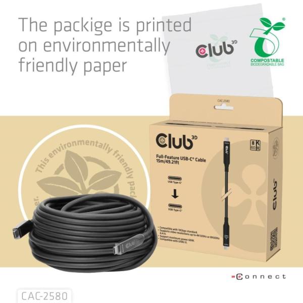 Club3D Kabel USB-C,  10 Gbps,  4K120Hz,  8K60Hz,  60W,  Bi-directional,  15m,  černá6