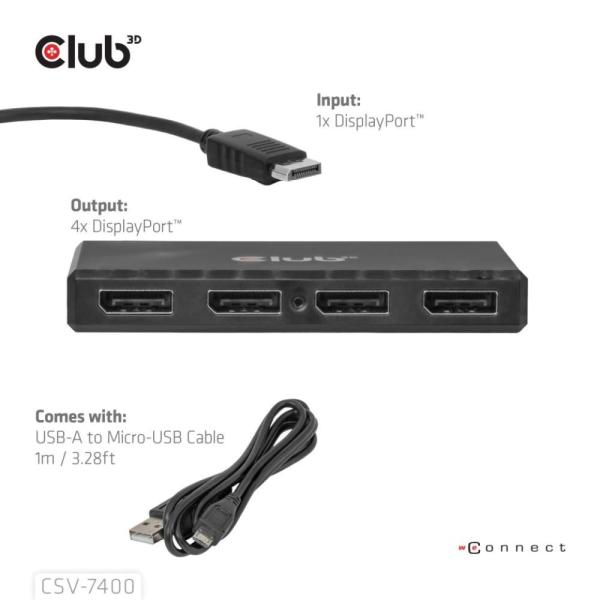 Club3D hub MST (Multi Stream Transport) DisplayPort 1.4 na 4x DisplayPort,  Quad monitor,  4x 4K30Hz,  8K30Hz3