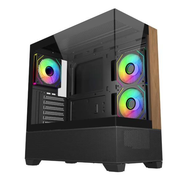Cooler Master case Elite 690 Wood,  ATX,  Průhledná bočnice,  3x 120mm ARGB Fan,  Černá