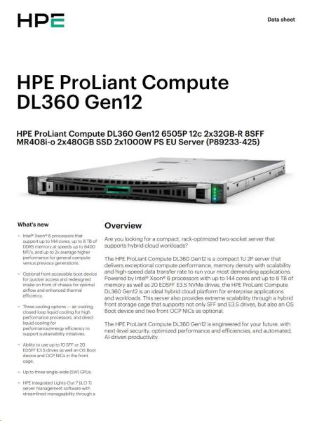 HPE PL DL360g12 6505P (2.2-4.1G/ 12C) 2x32G (P69727) 2x480G MR408i-o 8SFF 2x1000W 10GbE STDFANS NBD333 Smart Choice2