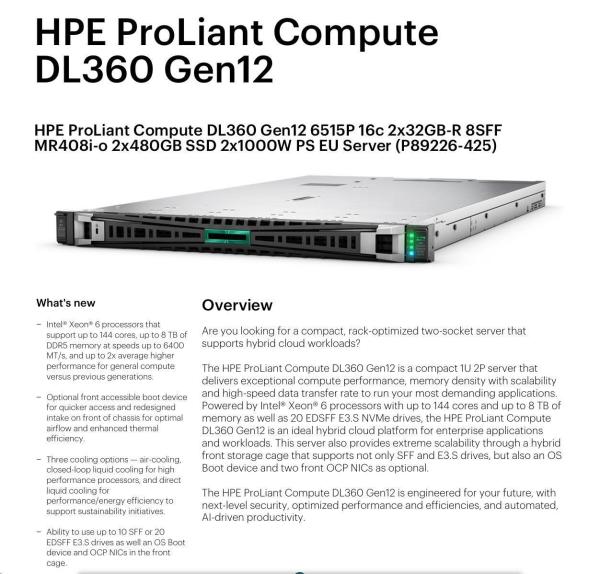 HPE PL DL360g12 6515P (2.4/ 16C) 2x32G (P69727) 2x480G MR408i-o 8SFF 2x1000W 10GbE NBD333 Smart Choice5