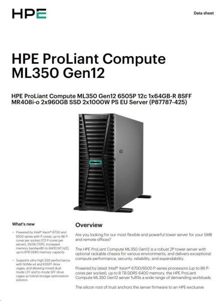 HPE PL ML350g12 6505P (2.2/ 12C) 1x64G (P69728) 2x960G MR408i-o 8SFF 2x1000W 1GbE NBD333 Smart Choice2