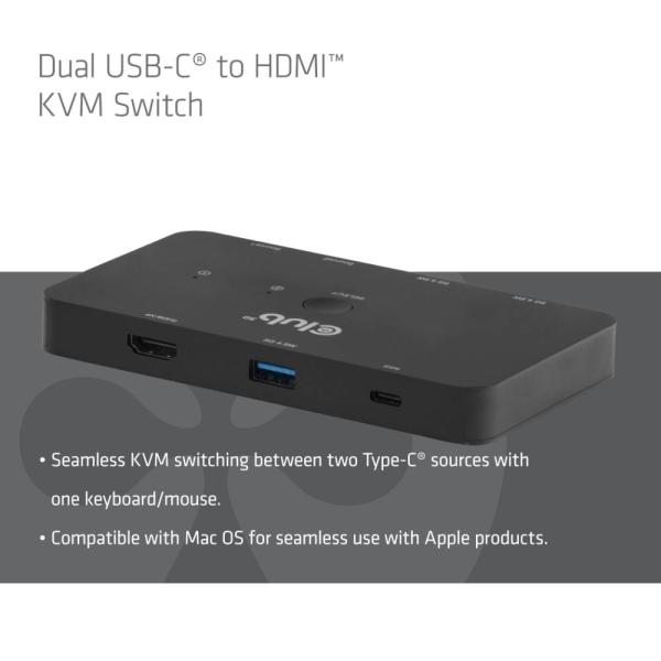 Club3D KVM Switch,  2xUSB-C na HDMI,  4K60Hz,  PD 100W4