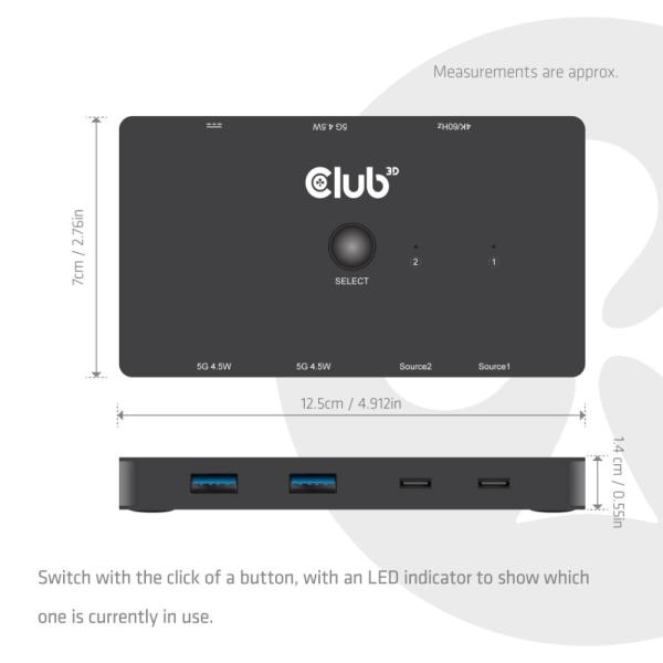 Club3D KVM Switch,  2xUSB-C na HDMI,  4K60Hz,  PD 100W7