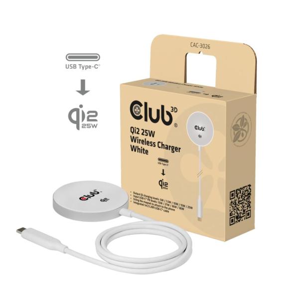 Club3D Bezdrátová nabíječka,  1x Qi2 25W,  MagSafe,  Qi certifikováno,  bílá