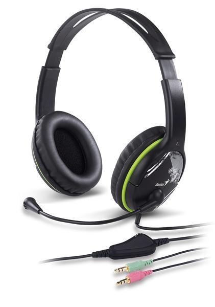 GENIUS sluchátka s mikrofonem HS-400A,  černozelená,  + redukce na Single Jack5