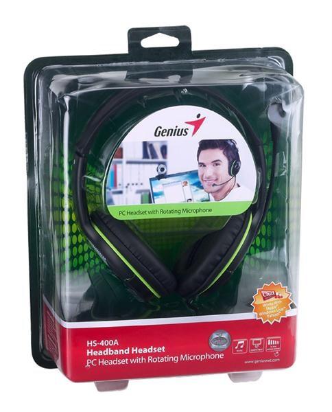 GENIUS sluchátka s mikrofonem HS-400A,  černozelená,  + redukce na Single Jack4
