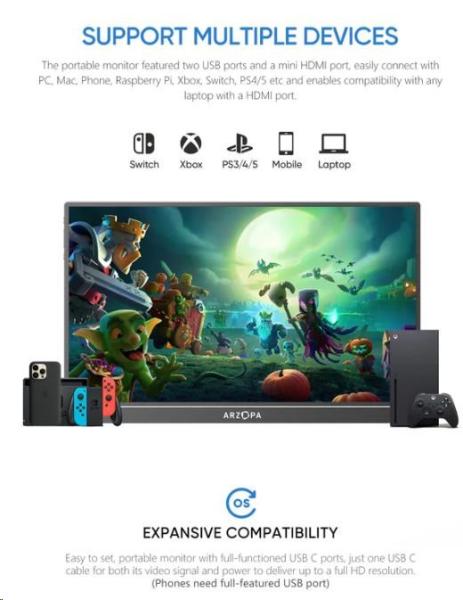 Arzopa Z1C Portable Monitor 16.1" IPS Full HD 1080p Metal Housing Přenosný monitor,  černý5