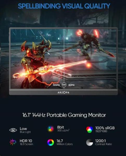 Arzopa Z1RC Portable Monitor 16" IPS QHD 2.5K Metal Housing Přenosný monitor,  černý1