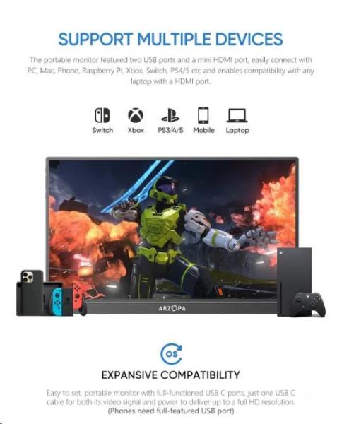 Arzopa Z1RC Portable Monitor 16" IPS QHD 2.5K Metal Housing Přenosný monitor,  černý3