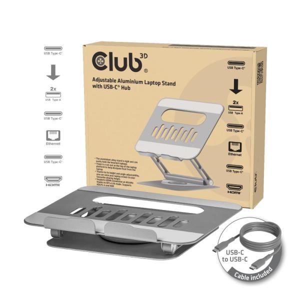 Club3D Nastavitelný hliníkový stojan pro notebook s USB-C hubem na 2xUSB,  1xHDMI,  2xUSB-C,  1xRJ45,  360°,  100W,  4K60Hz