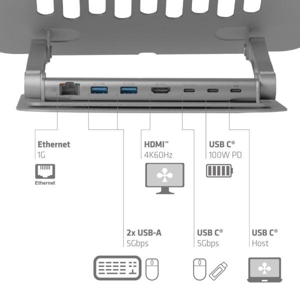 Club3D Nastavitelný hliníkový stojan pro notebook s USB-C hubem na 2xUSB,  1xHDMI,  2xUSB-C,  1xRJ45,  360°,  100W,  4K60Hz6