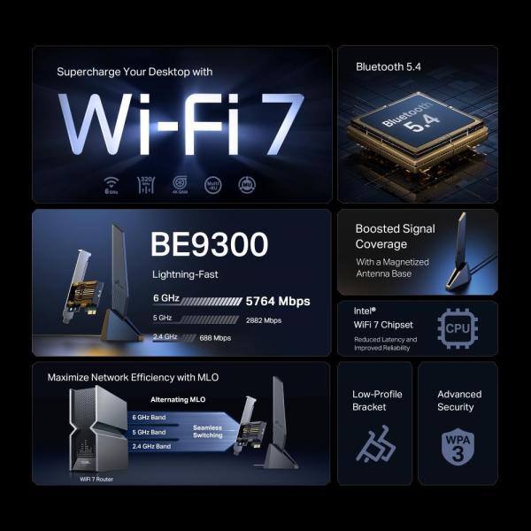 TP-Link Archer TBE553E WiFi7 PCIe adapter (BE9300, 2, 4GHz/ 5GHz/ 6GHz, Bluetooth5.4)3