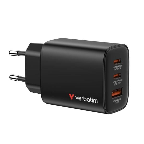 VERBATIM GaN Nabíječka Essentials 65W,  2xUSB-C,  1xUSB-A,  černá