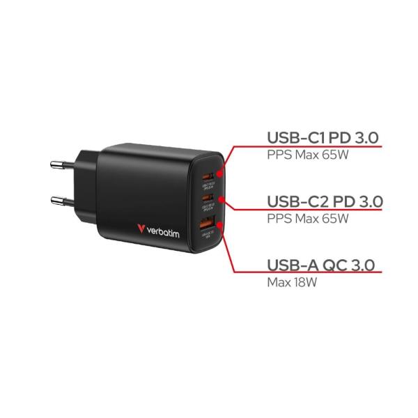 VERBATIM GaN Nabíječka Essentials 65W,  2xUSB-C,  1xUSB-A,  černá1