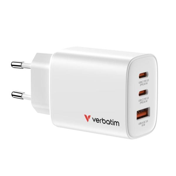 VERBATIM GaN Nabíječka Essentials 65W,  2xUSB-C,  1xUSB-A,  bílá