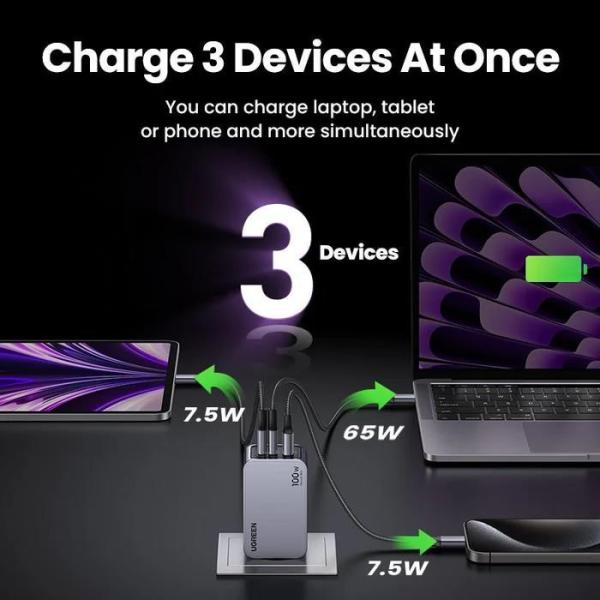 UGREEN síťová rychlonabíječka Nexode Pro 100W 3-Port,  2x USB-C,  1x USB-A,  GaN,  stříbrná1