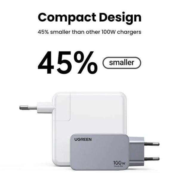 UGREEN síťová rychlonabíječka Nexode Pro 100W 3-Port,  2x USB-C,  1x USB-A,  GaN,  stříbrná3
