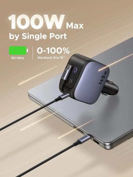 UGREEN rychlonabíječka do auta se zatahovacím kabelem 145W 3-Port,  2x USB-C, 1x USB-A,  GaN,  stříbrná3