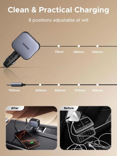 UGREEN rychlonabíječka do auta se zatahovacím kabelem 145W 3-Port,  2x USB-C, 1x USB-A,  GaN,  stříbrná5