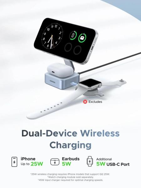 UGREEN magnetická bezdrátová nabíječka 2v1 MagFlow Qi2.2,  25W,  MagSafe,  stříbrná0