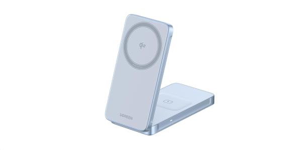 UGREEN magnetická bezdrátová nabíječka 2v1 MagFlow Qi2.2,  25W,  MagSafe,  stříbrná
