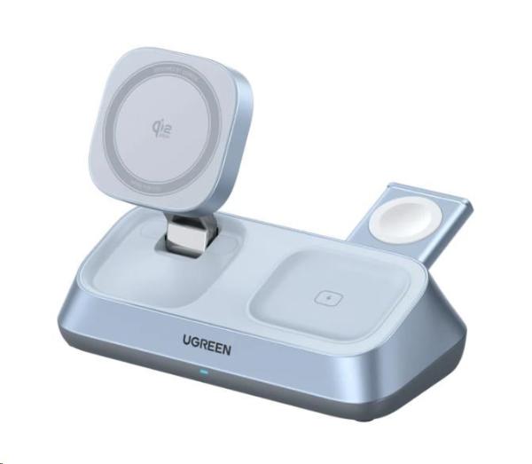 UGREEN magnetická bezdrátová nabíječka 3v1 MagFlow Qi2.2,  25W,  MagSafe,  stříbrná