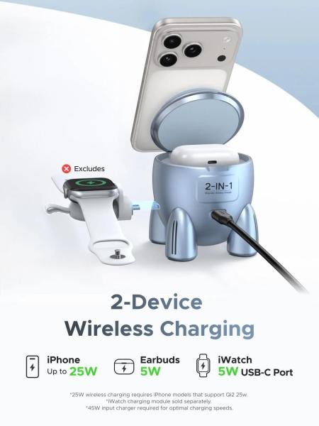 UGREEN magnetická bezdrátová nabíječka 2v1 MagFlow Qi2.2,  25W,  MagSafe,  raketa,  stříbrná1